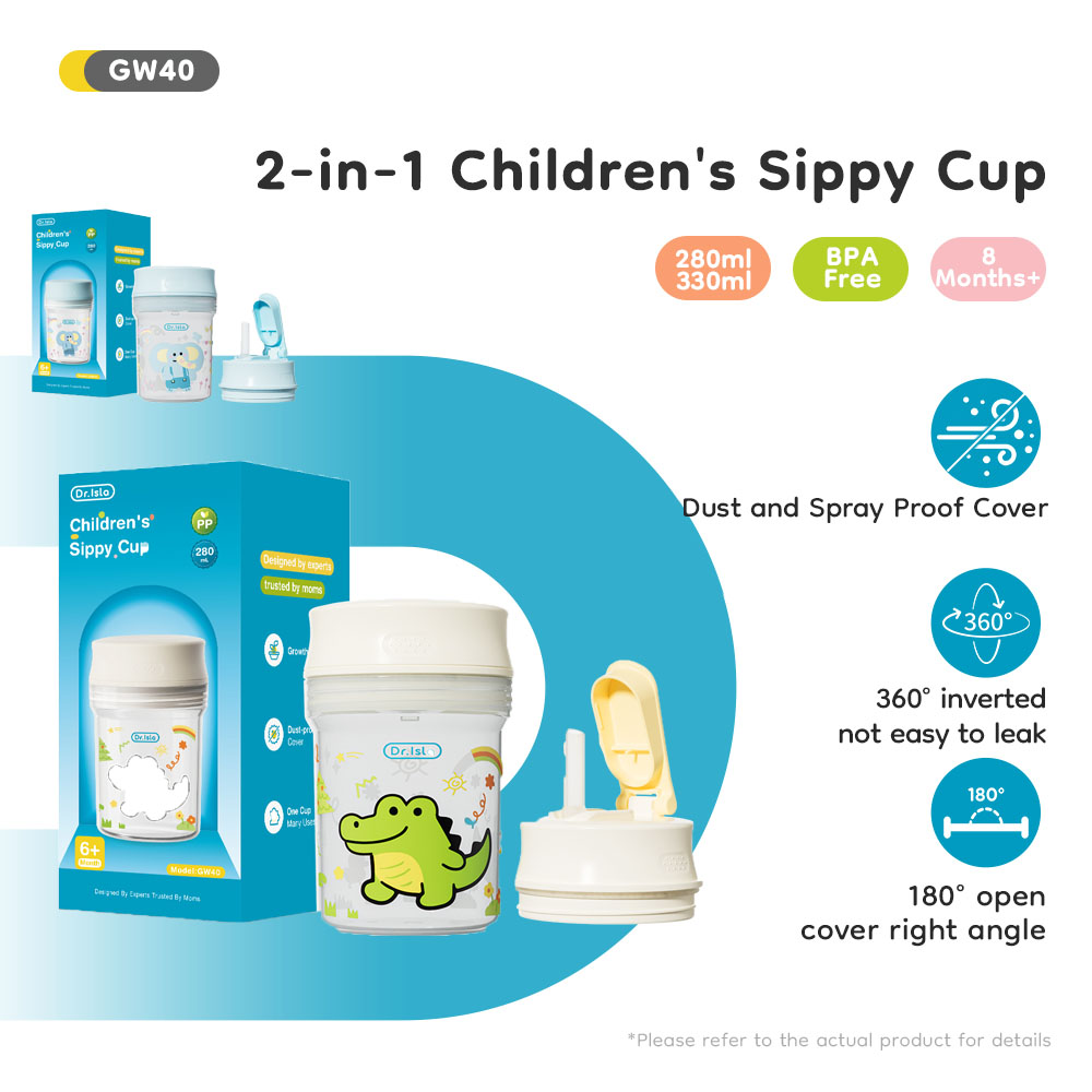 Baby Food Jars With Lids - แก้วน้ำเด็ก 2-in-1 ฝาปิดแบบหลอดดูดและแบบจุกดูด 280/330 มล. ป้องกันการรั่วซึม